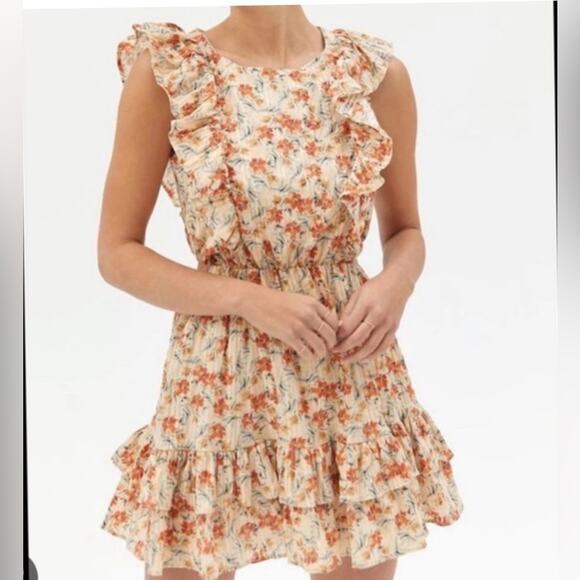 MINKPINK Urban Outfitters Zahara Ruffle smocked mini dress orange floral. Size M - Picture 1 of 11